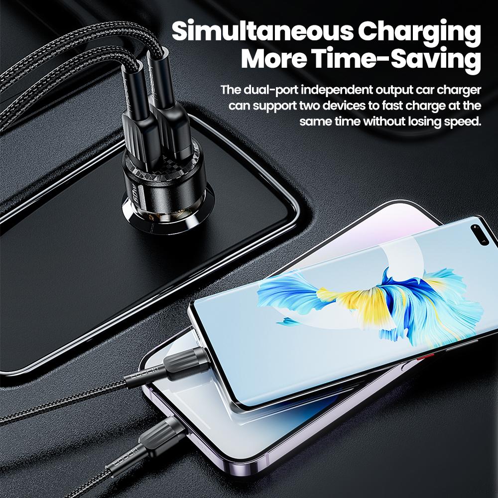 TOOCKI TQ-CC25A Car Charger 60W Dual Port USB-A and USB-C Fast Charging Adapter For Vehicle Use