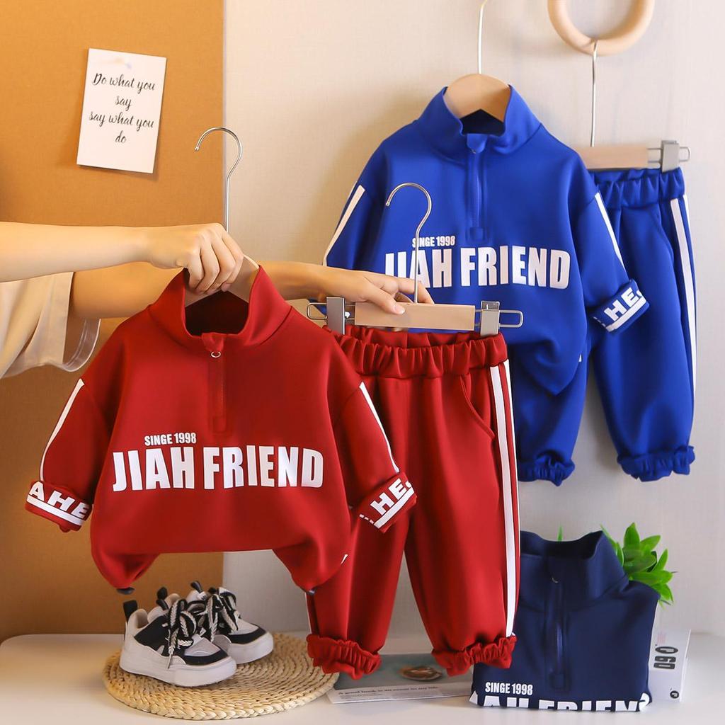 Boys' Long Sleeved 2-piece Set, English Standing Collar Hoodie Set for Children Aged 0-5, Handsome Clothes for Boys