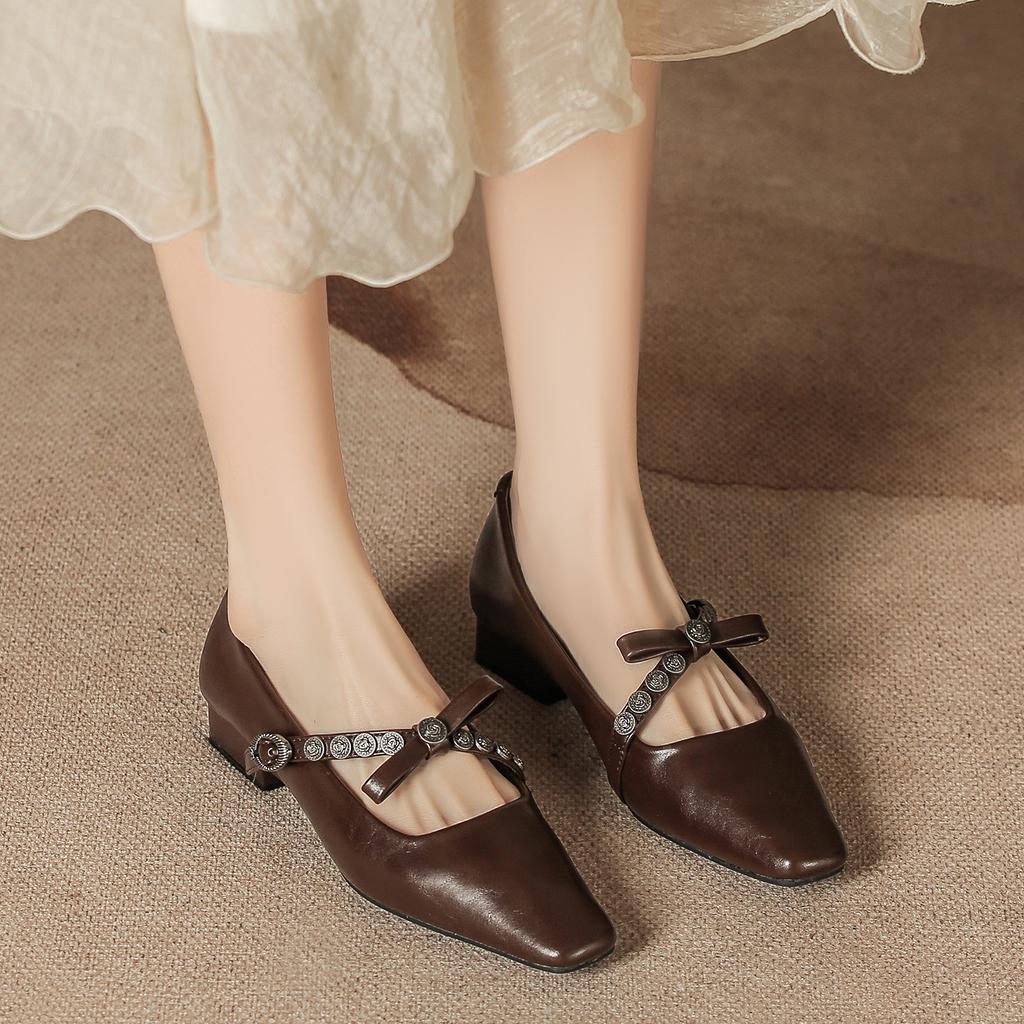 H8563-9 Single Shoes Women's Bow with Buckle Thick Heel Mary Jane Commuting Temperament Women's Shoes Square Head Retro