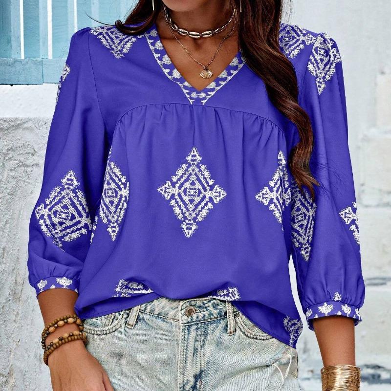 

Летняя новая мода с принтом и V-образным вырезом, свободная женская блузка с рукавом семь четвертей, повседневные женские рубашки, топы, винтажные простые облегающие женские блузки 26426 XXL