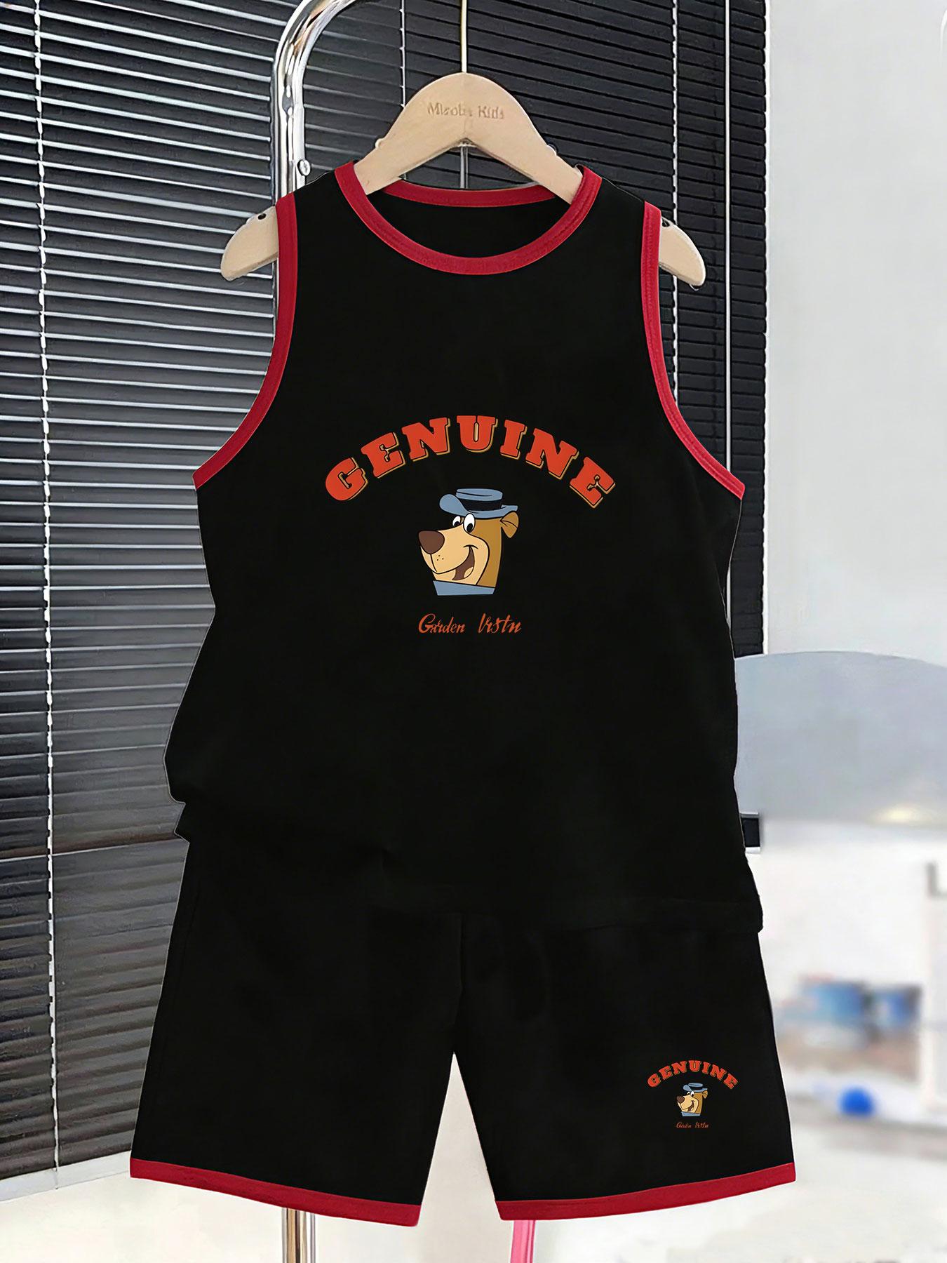 

Boys classic bear printed set with gentleman hat design. American retro style, breathable matching outfit for daily and leisure outings. 2-3Y чёрный
