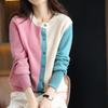 Women's Wool Patchwork Cardigan: Round Neck, Long Sleeve, Color Block, Loose Fit Sweater for Spring and Autumn.