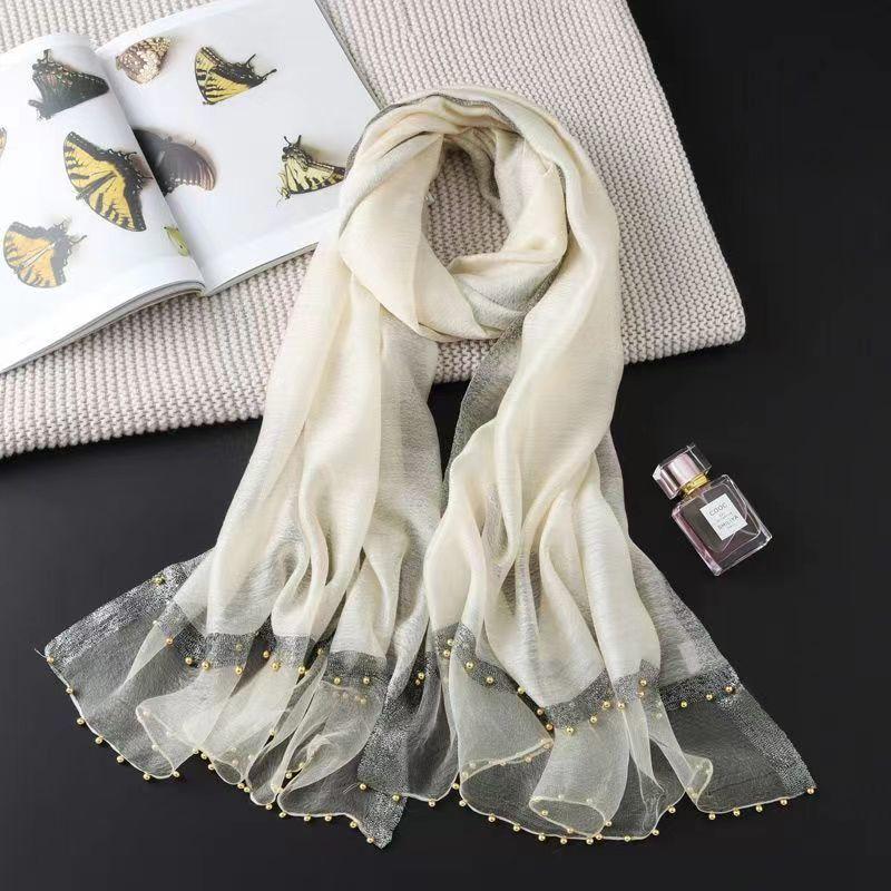 

Новый шарф для женщин, тонкий, с бисером, однотонный, шаль, шарф из марли с золотой нитью, персонализированный, шарф из искусственного шелка, весна и осень