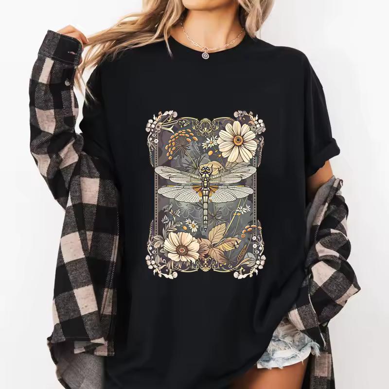 Womens Dragonfly Floral Tshirt Boho Dragonfly Tee Nature Lover T-Shirt Garden Lover Womens Graphic Tee Casual Round Neck Print