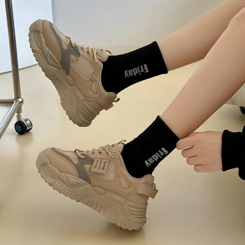 Fashion Ladies Shoes 2024 Brand Lace-up Women's Vulcanize Shoes Fashion Round Head Ladies Casual Shoes New Color Matching Mesh Sneakers