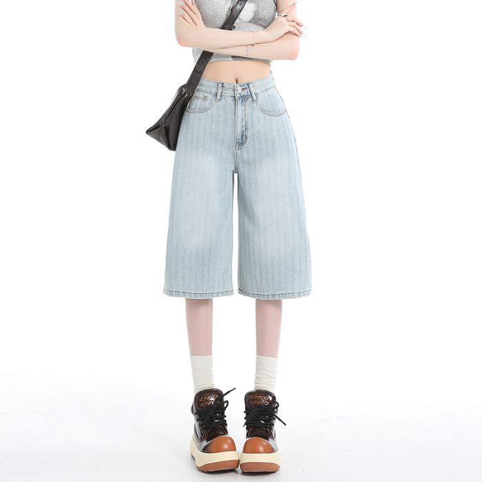 Fashion Striped High Waist Loose Wide Leg Straight Five Points Cropped Capri Denim Pants For Women Versatile Slimming FigureFlattering Design