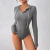 Bodysuit for Women Sexy Slim Fitted Long Sleeve Hoodies Tops V-Neck Pullover Casual Ribbed Hooded Shirts