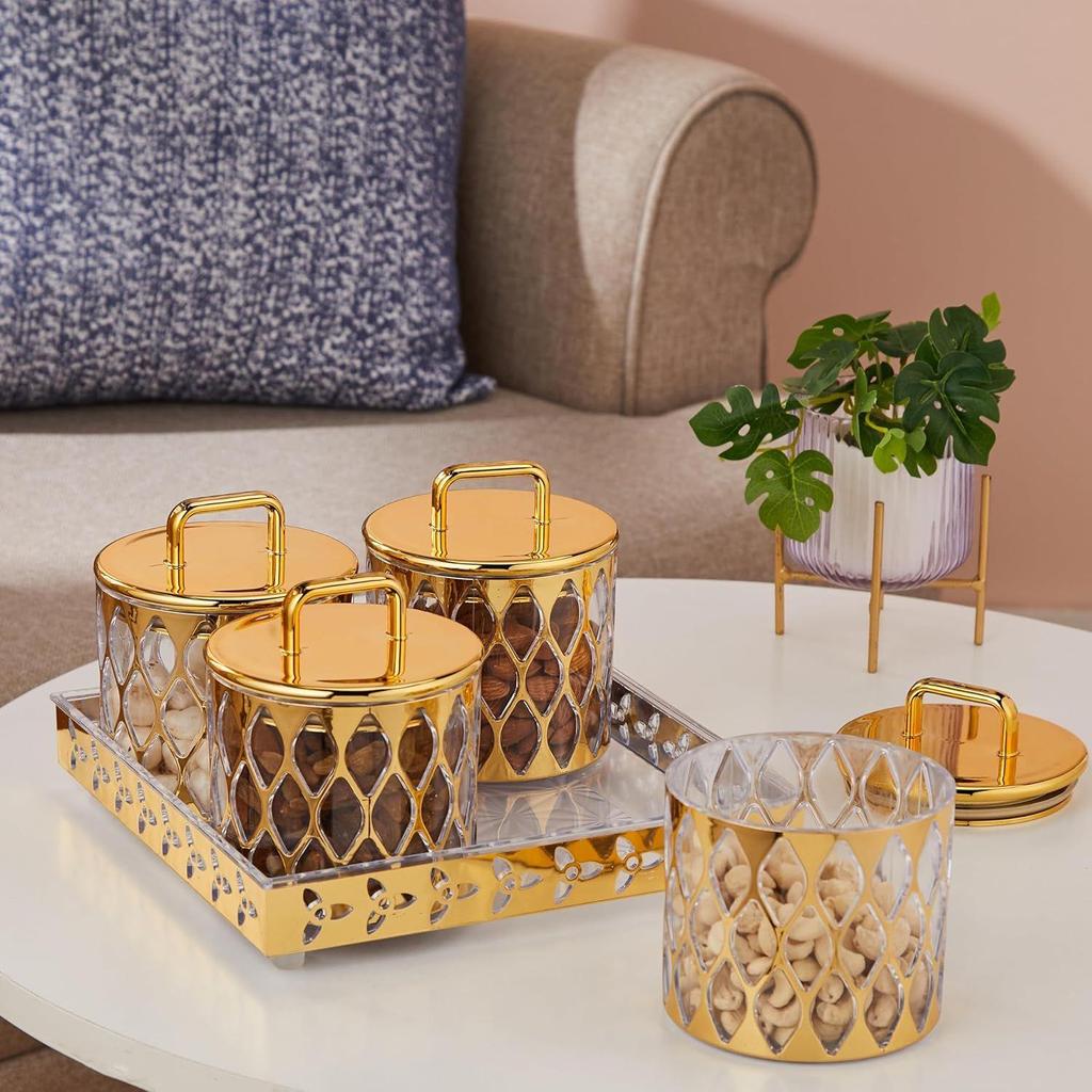 Airtight Dry Fruit Container Set With Tray|Plastic Dry Food Storage|500Ml, Set Of 4 (Golden)