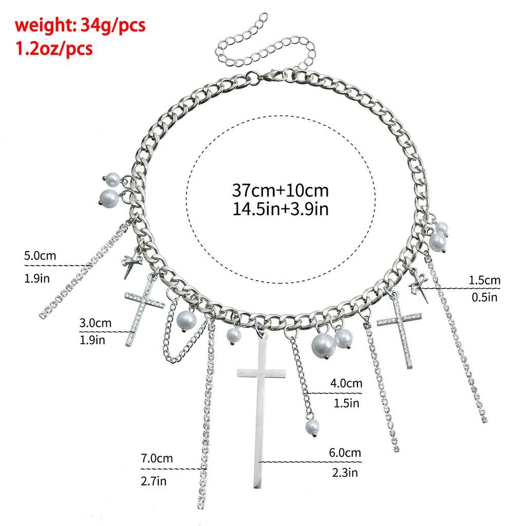 Jewelry Wind Diamond Cross Tassel Imitation Pearl Clavicle Chain Sweet Cool Babe Necklace