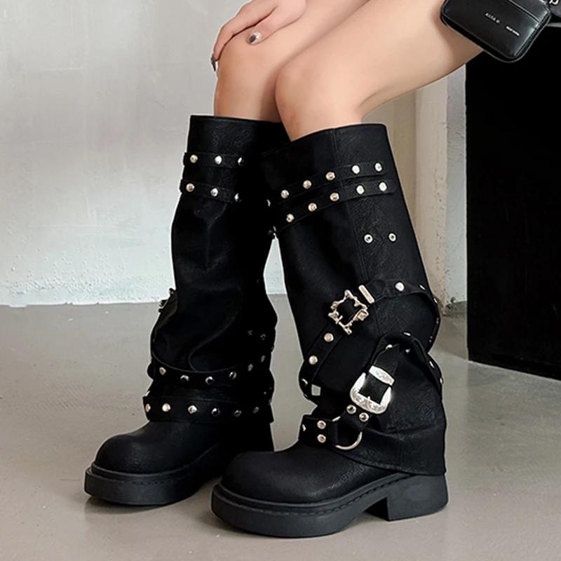 Fashion Women Knee High Chelsea Boots Platform Walking Shoes New Punk Style Black Motorcycle Boots Fashion Thick Middle Heeled Botas