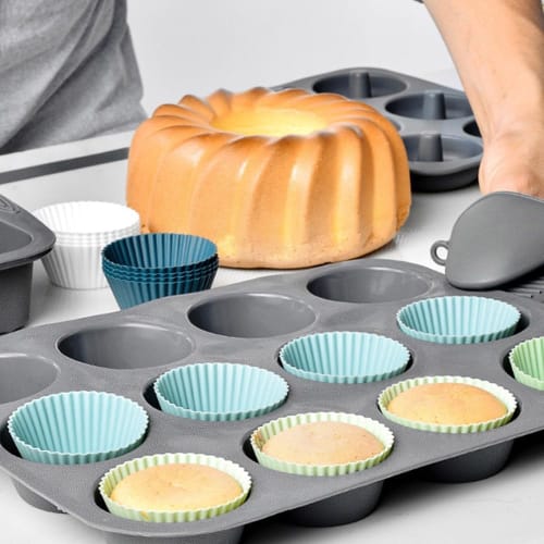 SensaBliss Silicone Cooking Baking Cups, Cupcake Cases, Baking Molds, Oven Safe, Heat Resistant, Durable, Reusable (White, Light Green, Light Blue, In