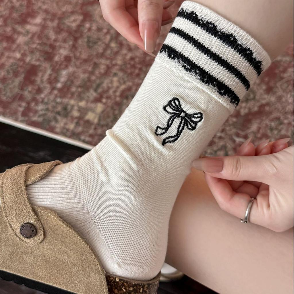 Bow Embroidered Socks Women'S Striped Lace Sweet Tube Socks Outer Lace Stacking Socks
