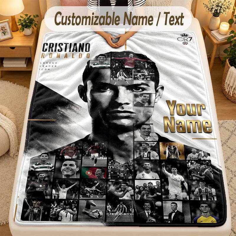 Flannel BlanketCristiano Ronaldo Custom Name Text Personalized Soft Warm Throw Blanket Home Decor Gift