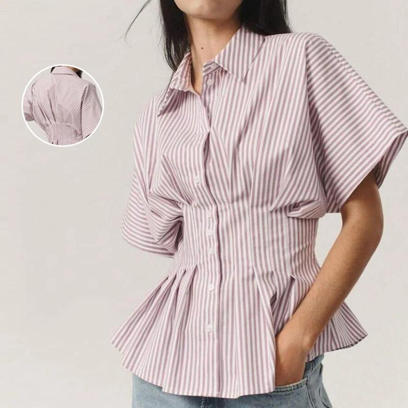 Summer New Women's Design Waist Shirt Casual Versatile Striped Pleated Slim Top