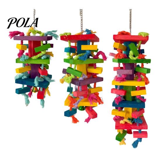 Durable Parrot Toy Chewing for Macaws African Greys, Colorful Wooden Block Puzzle with Medium Chew Cotton Tassels, Hanging Interactive Activity Cage,
