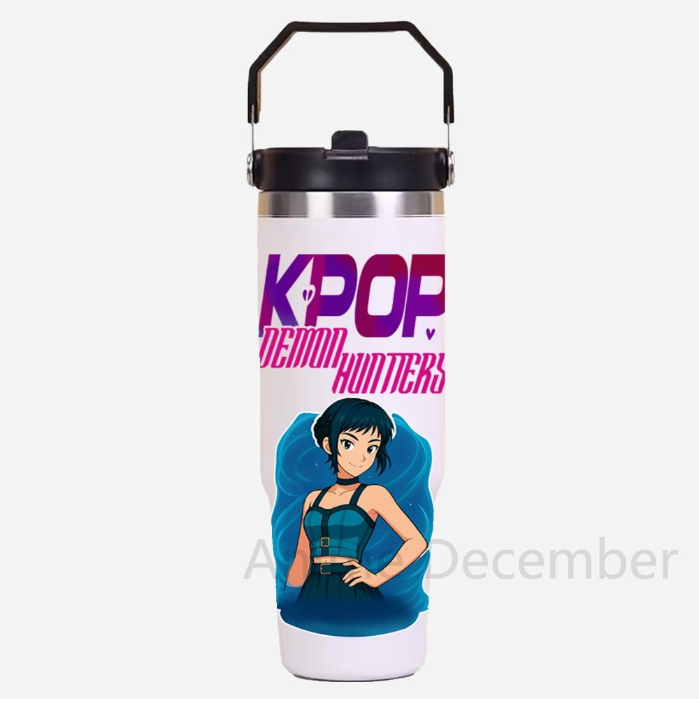 30Oz K-Pop Portable Car Cup Stainless Steel Thermos Cup with Straw Travel Sports Water Bottle with Handle Cover Coffee Vacuum Flask