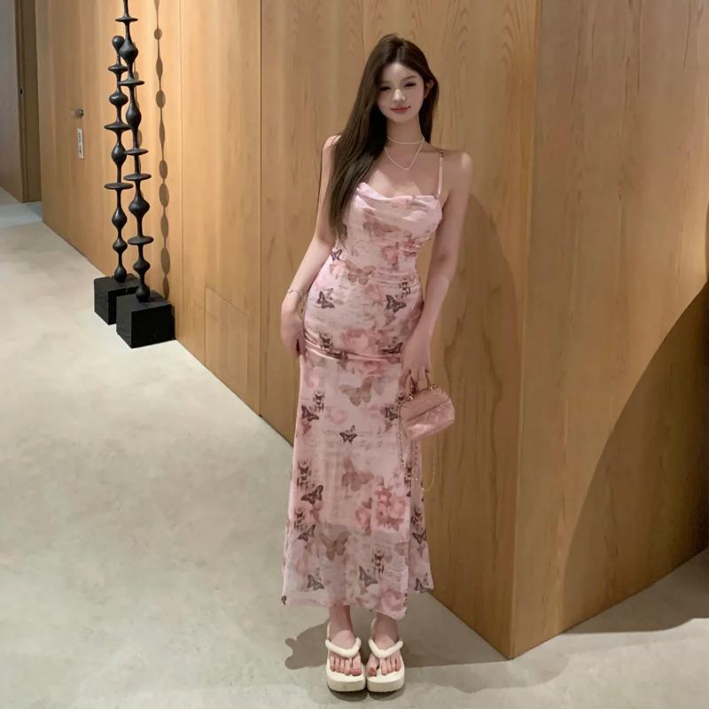 

French Butterfly Print Suspender Dress Waist-revealing Backpack Butt Mesh Hottie Mid-length Skirt S рожевий