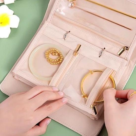 Travel Jewelry Organizer Case Waterproof Quilted Faux Leather Multi-Compartment Storage Bag Jewelry Storage Pouch