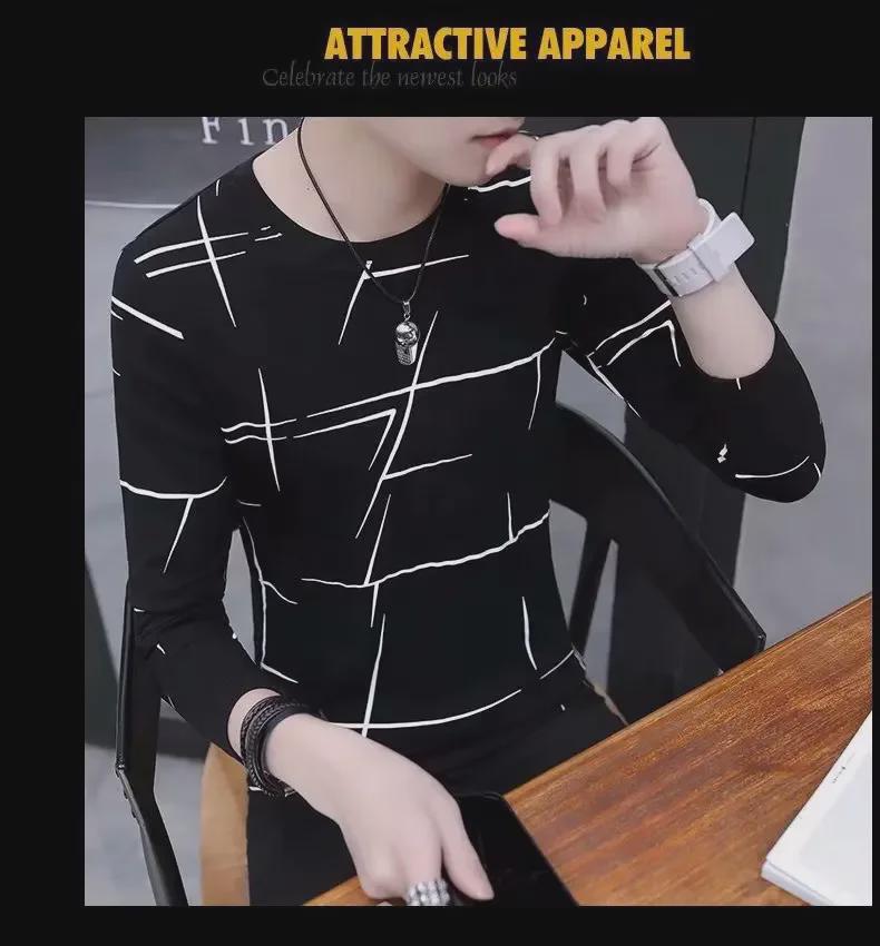 T-shirt à manches longues rayé à col rond et coupe slim pour homme, style coréen, pour l'automne