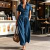 Women Casual Button Down Shirt Dress, Short Sleeve Long Western Cowgirl Dress, Summer Flowy A-Line Maxi Dress with Pockets