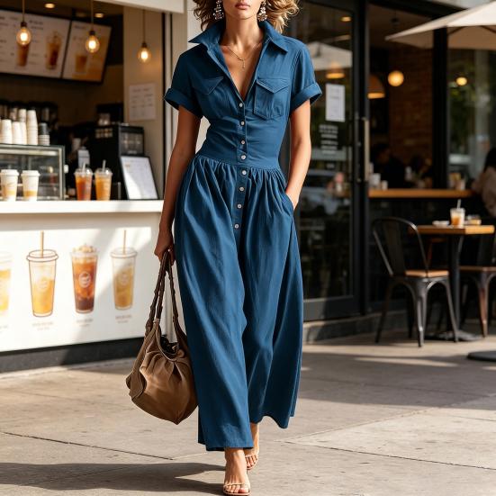 Women Casual Button Down Shirt Dress, Short Sleeve Long Western Cowgirl Dress, Summer Flowy A-Line Maxi Dress with Pockets