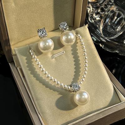 Joyería Conjunto de Perlas Collar Pendientes Clásicos Imitación Princesa Diana Perla Blanca Australiana Vintage para Mujer Premium