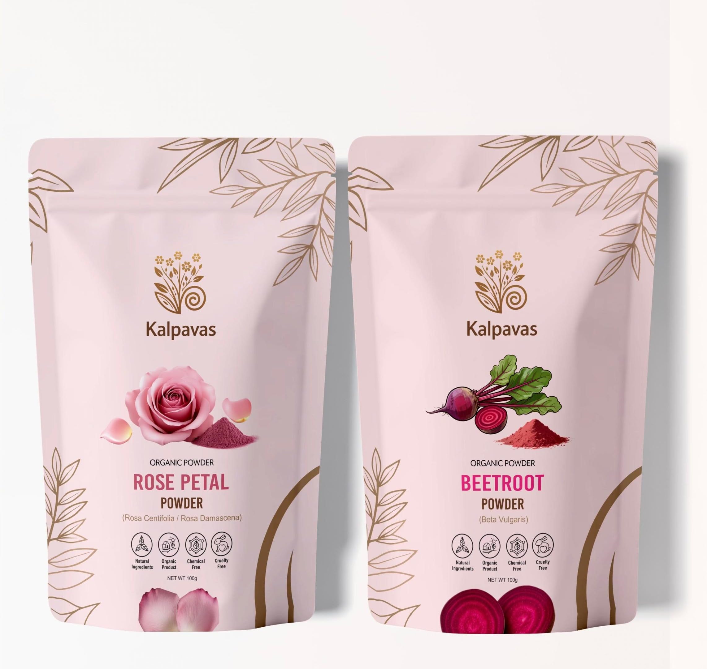 

Kalpavas Rose Petal Powder + Beetroot Powder Combo | 100% Natural, Chemical-Free, Skin & Hair Care | Brightens Skin, Natural Lip & Cheek Tint | (