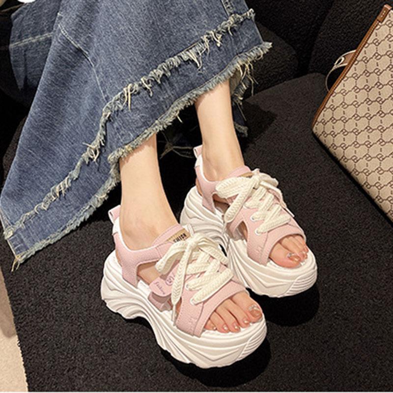 модные толстые полые сандалии с открытым носком повседневные шнуровки женские летние 2024 — фото 4