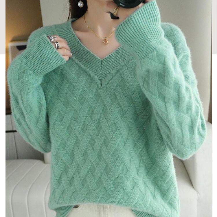 V-neck Sweater Women's Autumn and Winter Sweater Long-sleeved Pullover Loose Solid Color Jacquard Knitted Sweater Top