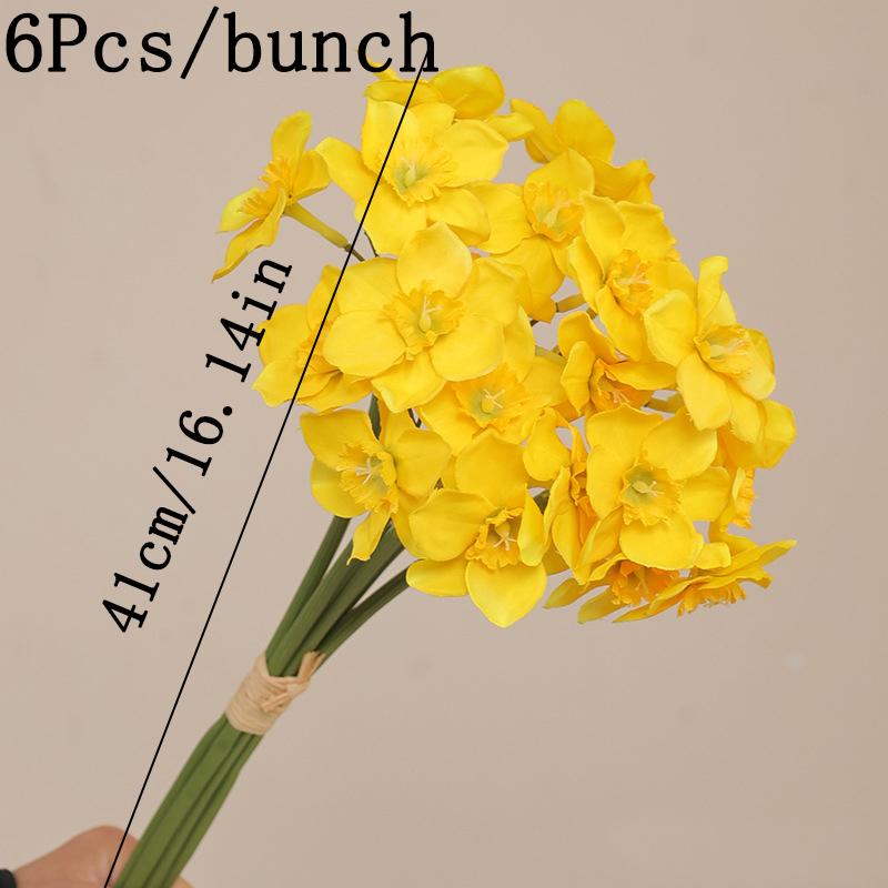 6pcs Artificial Narcissus Flower Bouquet Home Garden Room Desktop Fake Flower Decoration Wedding Festival Party Daffodil Decor