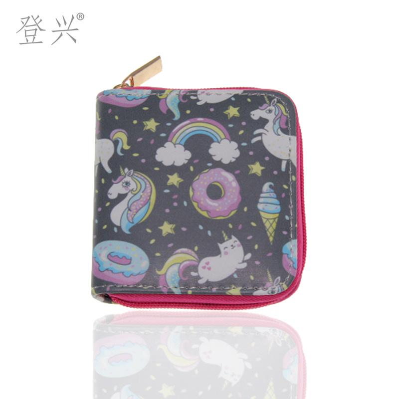New unicorn cartoon PU short small wallet, printed children's bag card bag