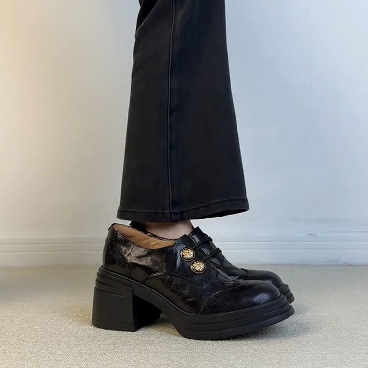 Sheepskin Version~ British Style Brock Small Leather Shoes Women's Waterproof Table High-heeled Leather Single Shoes Button Thick-heeled Loafers