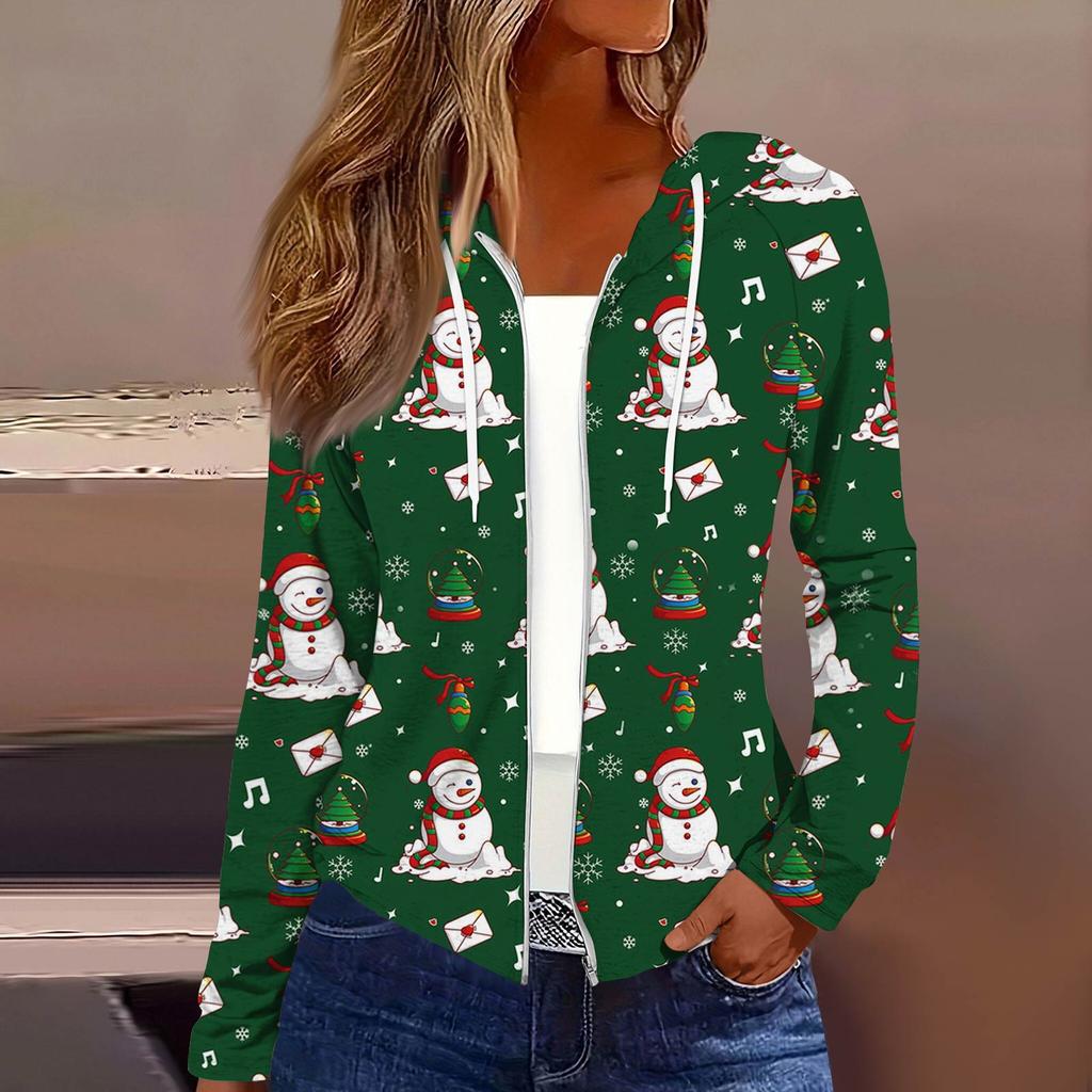 Chaqueta Casual con Capucha y Cremallera de Manga Larga con Estampado Navideño de Moda para Mujer