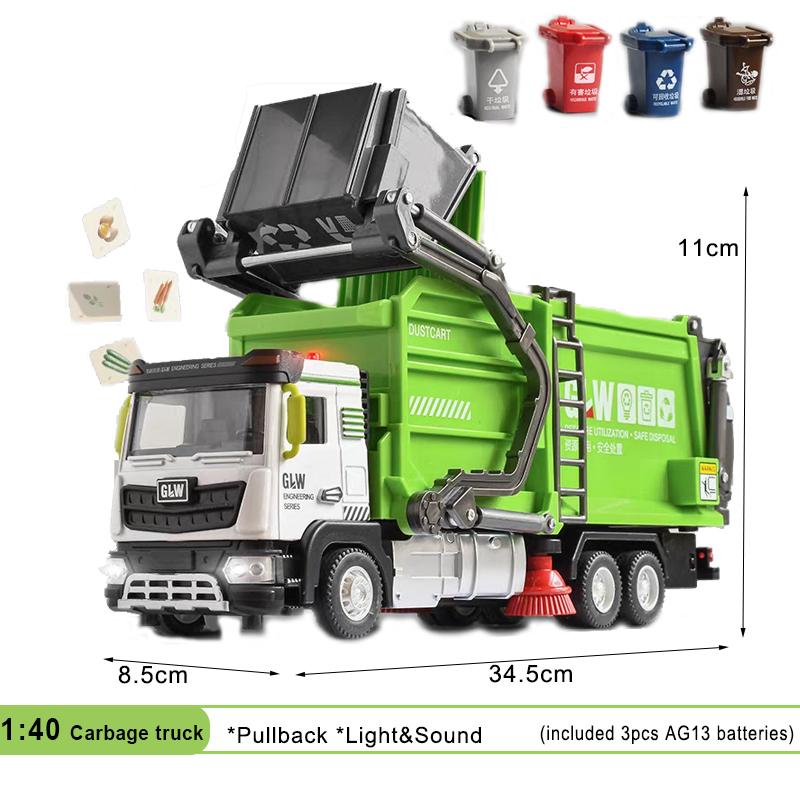 1:40 Camion dei Rifiuti Sanitario Cisterna Acqua Spazzatrice Auto Diecast per Bambini Veicolo Luci Suoni Giocattoli Educativi Per Bambini