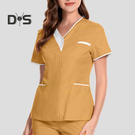 Bluzki pielęgniarskie z dekoltem w serek i krótkim rękawem, patchworkowe, kolorowe, kieszenie, guziki, dekolty, bluzki do chirurgii stomatologicznej, odzież robocza