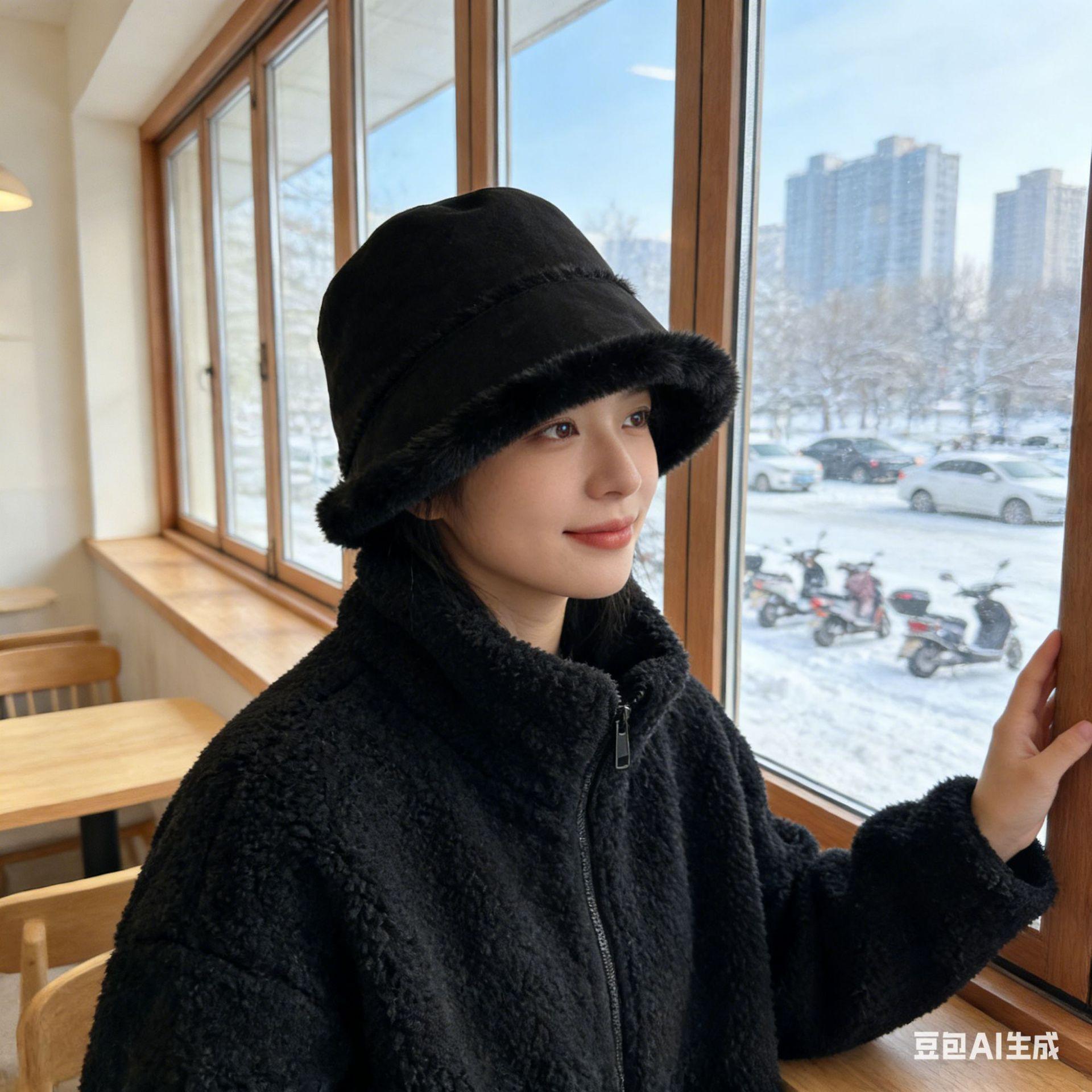

Warm bucket hat thick fur integrated temperament versatile show washbasin hat M（56-58cm）