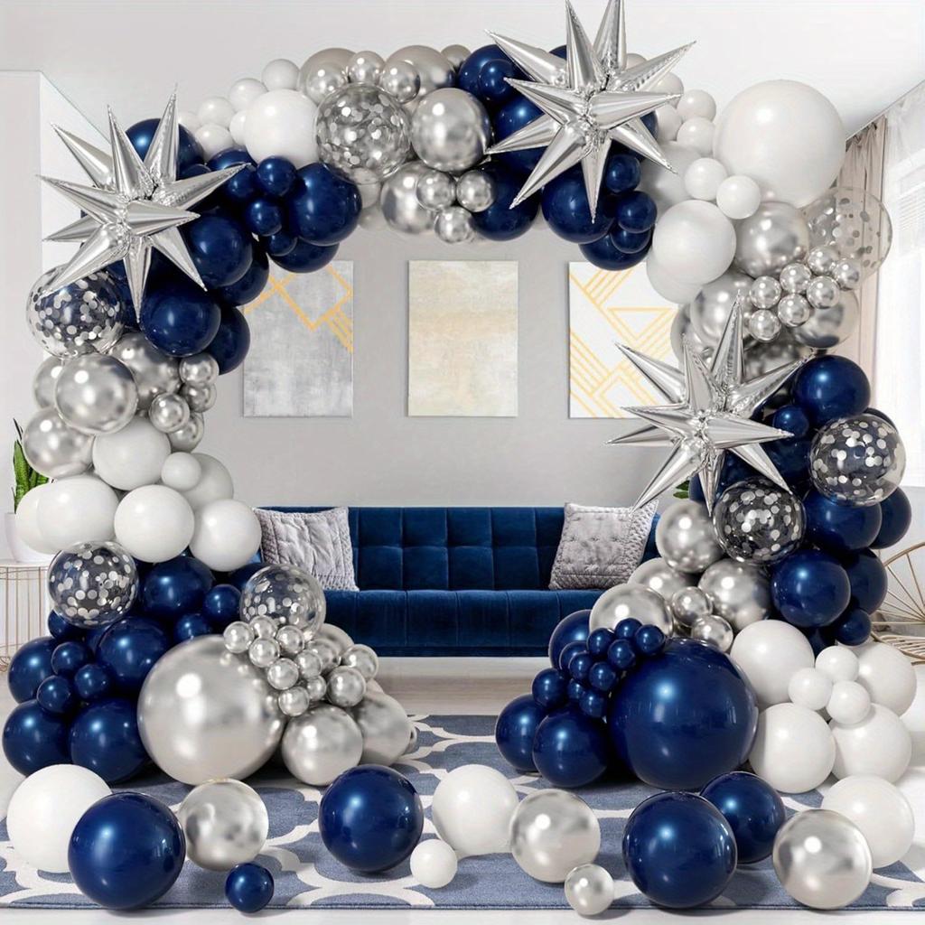 131pcs Navy Blue Silver and White Balloon Garland Arch Kit for Winter, Birthday, Anniversary, Graduation Ceremony Decoration