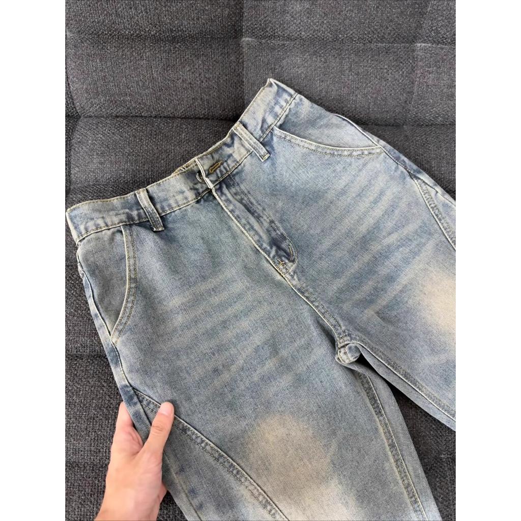 Vintage Blue Miter Tooling Jeans Men's American High Street Vibe Legs Long Pants Straight Slim-fitting Micro-pull Pants