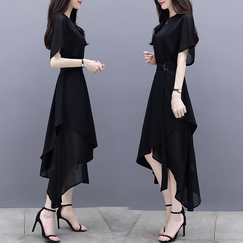 Summer Women's New Slim-fit Medium-length Dress Short-sleeved Irregular Temperament Socialite Black Chiffon Dress Women