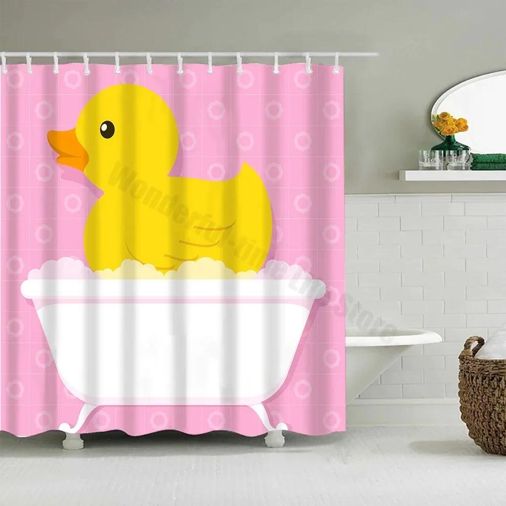 Cute Little Yellow Duck Shower Curtain Cartoon Funny Smiley Face Bathroom Waterproof Bath Duck Fabric 12 Hooks Bathroom Decor