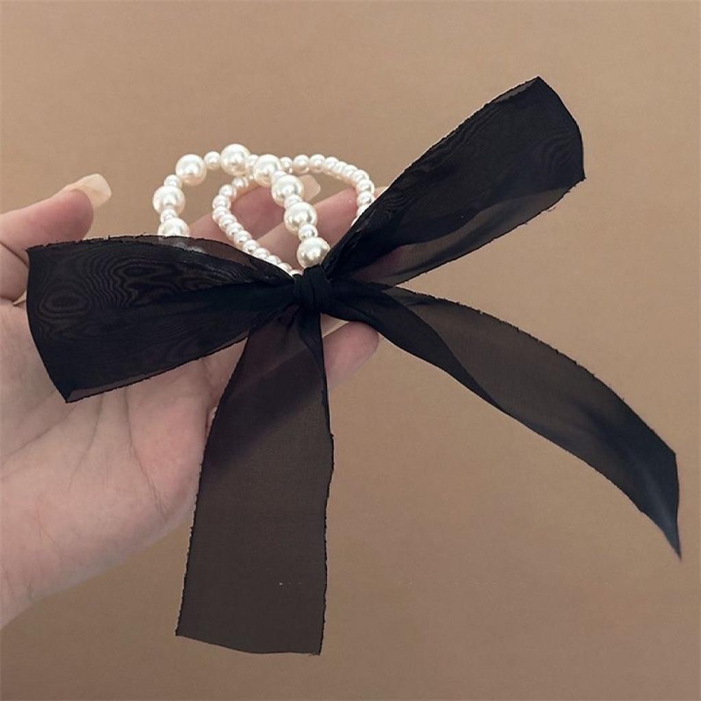 2PCS Super Fairy, Bow, Ribbon, Headband, Fashion, Pearl, Ponytail, Hair Rope, High Elasticity, Durable, Marble Head, Temperament