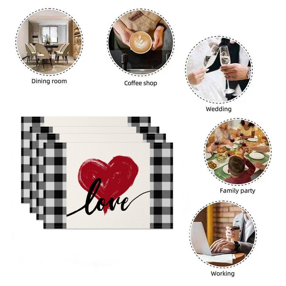 Heart Shape Placemats Romantic Love Pattern 4pc Linen Dining Mats Heat Resistant Valentine's Day Wedding Anniversary Party Decor