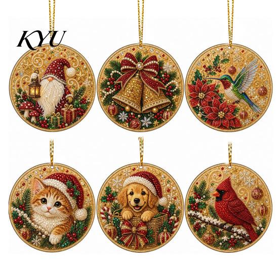 Acrylic Santa Hanging Ornaments 6 Pcs Christmas Pearl Art Ornaments, 2D Flat Holiday Tree Pendant, Decorations Effect Decoration for Home Wall