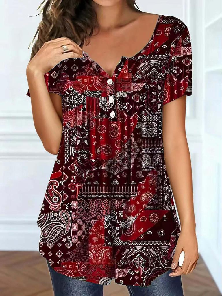 Elegant Paisley V-Neck Plus Size Top for Women - Spring/Summer