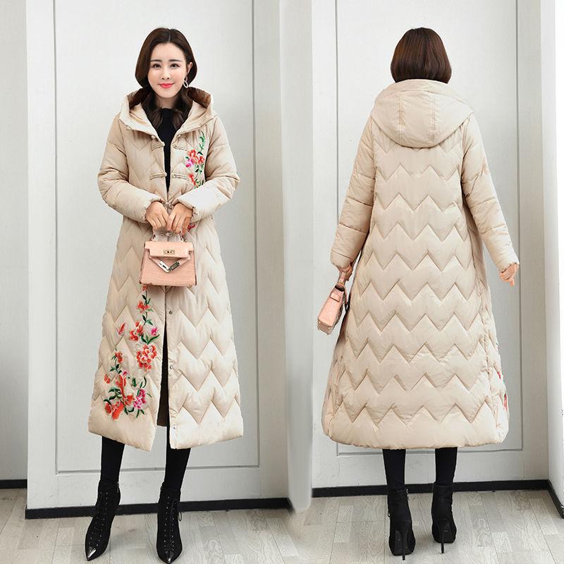 Mother's embroidered cotton-padded clothes with zipper Women's medium and long loose large size down cotton-padded clothes Winter cotton-padded