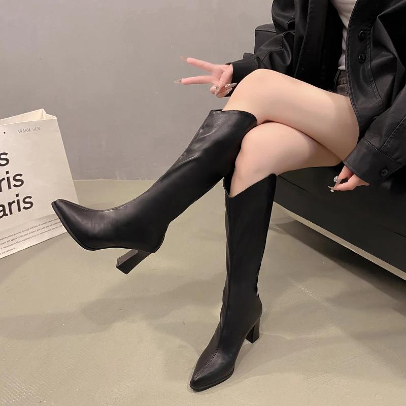 Móda Nové Dámské Kozačky Zip Silný Vysoký Podpatek Jednoduché Silné Vysoké Podpatky Podzimní Zimní Kozačky Nad Koleno Botas