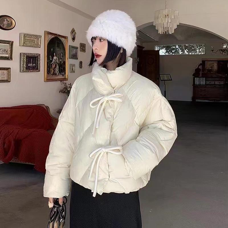 Foreign fashion white duck down bow short down jacket women's winter new stand-up collar warm jacket tide