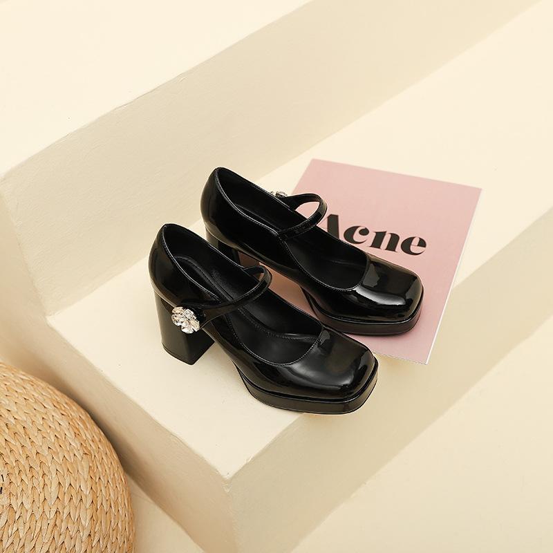 

3359-15 French word with flower buckle high heel Mary Jane shoes women s new waterproof table square head thick heel women s shoes 35
