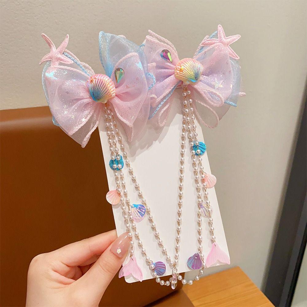Mermaid Pearl Hair Clip Sweet Bow Accessories Fashion Tassel Forehead Chain  for Children