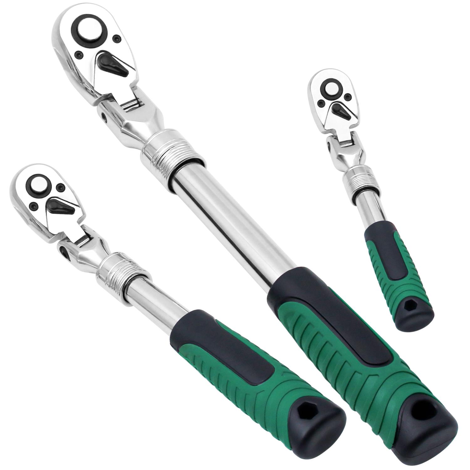 72 зуба 1/4  3/8  1/2  Регулируемая удлинительная рукоятка Приводная головка Привод Стандартный трещоточный ключ Телескопический торцевой ключ Гаечный ключ